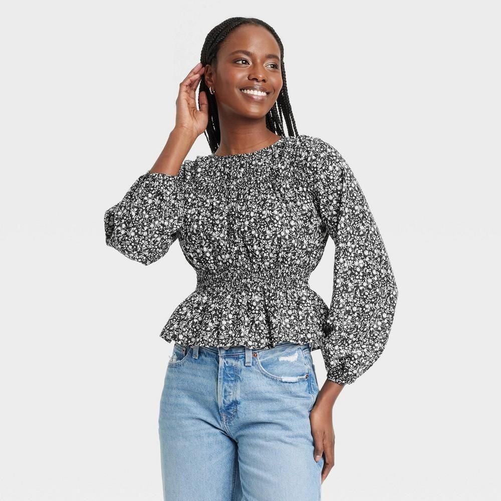 Women's Long Sleeve Peplum Blouse - Universal Thread™ M: Balloon Sleeve